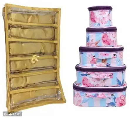 Ultimatefashionista Combo of 2 Pieces Set of 5 kit Storage 6 Rods Satin Vanity Box Makeup Kit Box Jewellery Organizer, Multipurpose Kit, Travelling Bag Vanity Box (Gold,Purple)