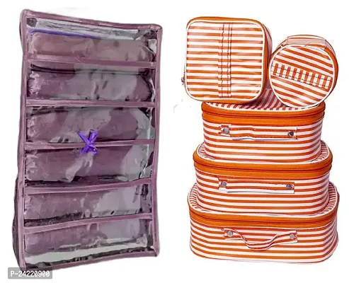 ultimatefashionista Combo of 2 Pieces Set of 5 kit Storage 6 Rods Satin Vanity Box Makeup Kit Box Jewellery Organizer, Multipurpose Kit, Travelling Bag Vanity Box (Purple,Orange)