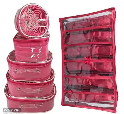 Ultimatefashionista Combo of 2 Pieces Set of 5 kit Storage 6 Rods Satin Vanity Box Makeup Kit Box Jewellery Organizer, Multipurpose Kit, Travelling Bag Vanity Box (Maroon,Pink)