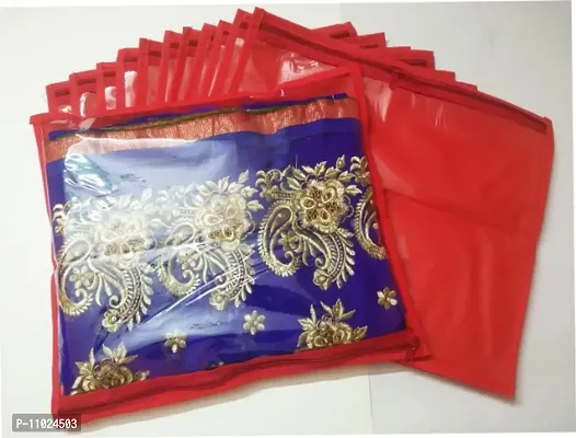 Saree cover High Quality Pack of 12 non woven golden single saree cover bag 12pc red cover  (red)-thumb0