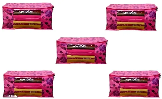 Saree Cover Designer Flower Design 5 Pieces Non Woven Fabric Saree Cover Set with Transparent Window (Maroon)-thumb0