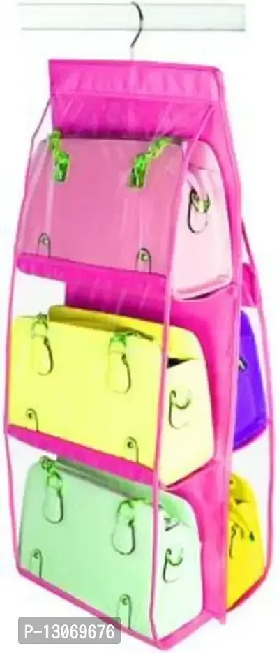 UF Pack of 1 Pieces 6 Pocket Purse Organizer Hanging Handbag Wardrobe Organizer Closet Tidy Closet Organizer Wardrobe Rack Hangers Holder For Fashion Handbag Purse Pouch(Pink)