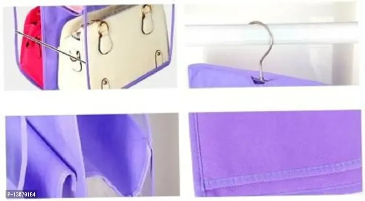 UF Combo Pack of 2 Pieces 6 Pocket Purse Organizer Hanging Handbag Wardrobe Organizer Closet Tidy Closet Organizer Wardrobe Rack Hangers Holder For Fashion Handbag Purse Pouch(Black, Purple)-thumb3