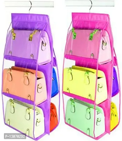 UF Combo Pack of 2 Pieces 6 Pocket Purse Organizer Hanging Handbag Wardrobe Organizer Closet Tidy Closet Organizer Wardrobe Rack Hangers Holder For Fashion Handbag Purse Pouch(Purple, Pink)