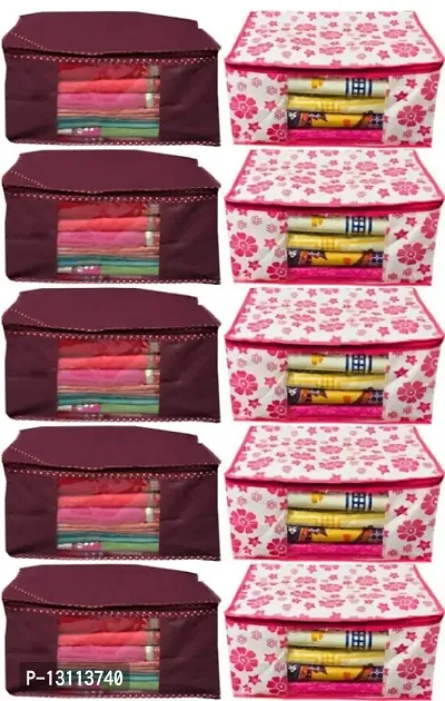 UF Combo Saree Cover Flower and Dotted 10 Pieces Non Woven Fabric Saree Cover Set with Transparent Window (Pink,Maroon)