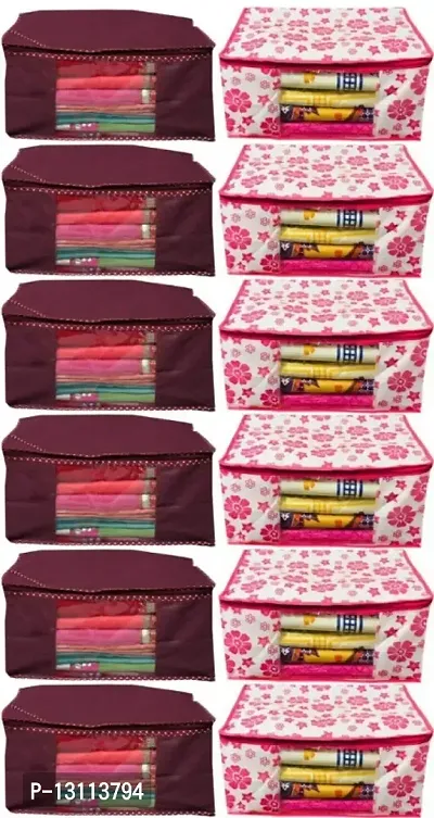 UF Combo Saree Cover Flower and Dotted 12 Pieces Non Woven Fabric Saree Cover Set with Transparent Window (Pink,Maroon)
