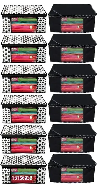 UF Combo Saree Cover Designer Non Woven Polka Dotted and Dotted 12 Pieces Non Woven Fabric Saree Cover Set with Transparent Window (Black)