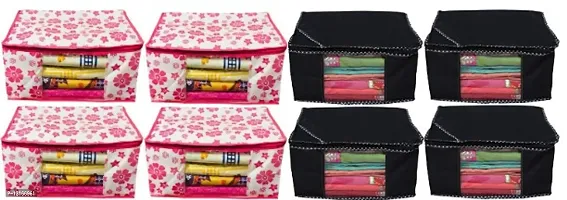 UF Combo Saree Cover Flower and Dotted 8 Pieces Non Woven Fabric Saree Cover Set with Transparent Window (Pink,Black)