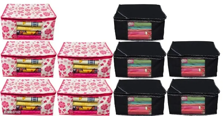 UF Combo Saree Cover Flower and Dotted 10 Pieces Non Woven Fabric Saree Cover Set with Transparent Window (Pink,Black)