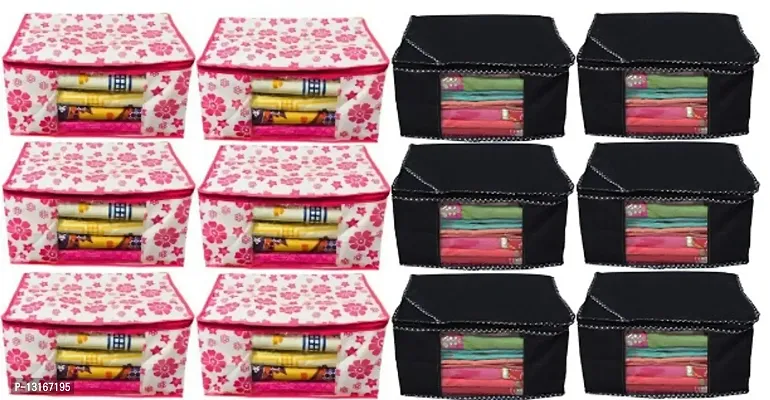 Combo Saree Cover Flower and Dotted 12 Pieces Non Woven Fabric Saree Cover Set with Transparent Window (Pink,Black)