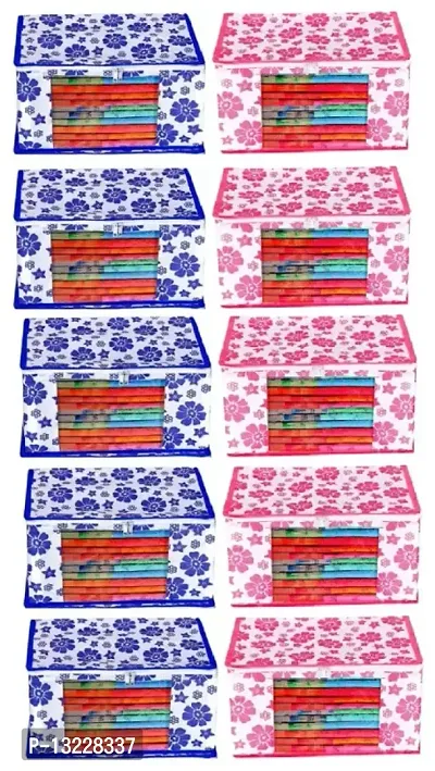UF Combo Saree Cover Designer Flower Design 10 Pieces Non Woven Fabric Saree Cover Set with Transparent Window (Blue, Pink)-thumb0