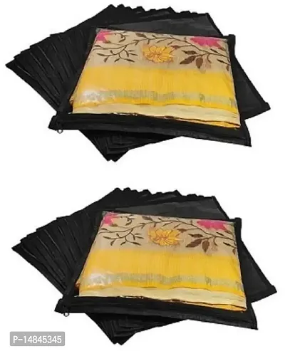 UF High Quality Travelling Bag Pack of 24Pcs Non-woven single Saree Cover Bags Storage Cloth Clear Plastic Zip Organizer Bag vanity pouch Garments Cover (Black)