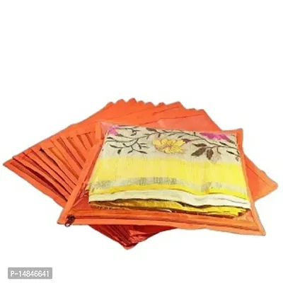 UF High Quality Travelling Bag Pack of 12Pcs Non-woven single Saree Cover Bags Storage Cloth Clear Plastic Zip Organizer Bag vanity pouch Garments Cover (Orange)-thumb0