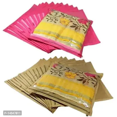 UF High Quality Travelling Bag Pack of 24Pcs Non-woven single Saree Cover Bags Storage Cloth Clear Plastic Zip Organizer Bag vanity pouch Garments Cover (Pink, Gold)-thumb0