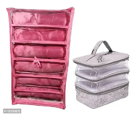 UF Combo Pack of 2 Pcs 6Rod Satin Bangle Box and Transparent PVC Make Up Kit Cum Jewellery Kit, Makeup Bag Toiletries Bag Cosmetic Kit Pouch Utility Bag vanity box(Pink, Silver)
