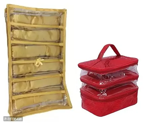 UF Combo Pack of 2 Pcs 6Rod Satin Bangle Box and Transparent PVC Make Up Kit Cum Jewellery Kit, Makeup Bag Toiletries Bag Cosmetic Kit Pouch Utility Bag vanity box(Gold, Red)