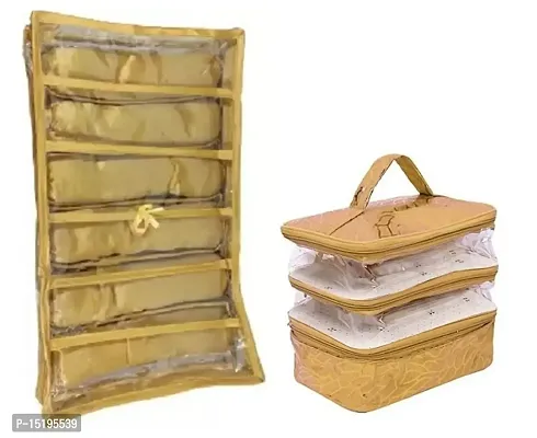 UF Combo Pack of 2 Pcs 6Rod Satin Bangle Box and Transparent PVC Make Up Kit Cum Jewellery Kit, Makeup Bag Toiletries Bag Cosmetic Kit Pouch Utility Bag vanity box(Gold)