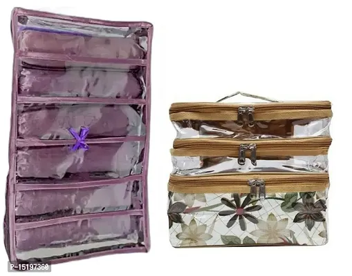UF Combo Pack of 2 Pcs 6Rod Satin Bangle Box and Transparent PVC Make Up Kit Cum Jewellery Kit, Makeup Bag Toiletries Bag Cosmetic Kit Pouch Utility Bag vanity box(Purple, White)-thumb0