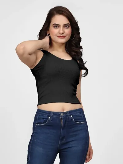 Women's Cropped Top.Womenrsquo;s Sleeveless Rib Knitted Cotton Racer Back Tank Tops Round Neck Crop Tops.(Black)