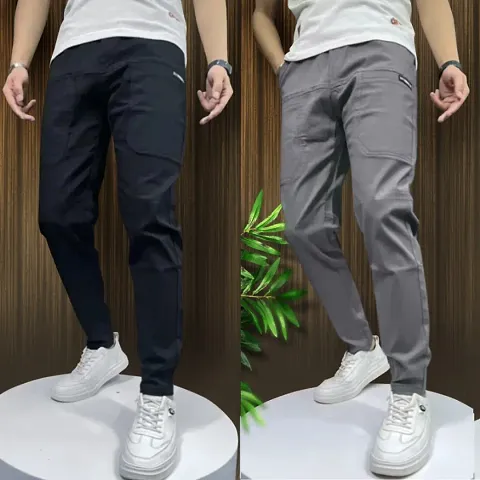 Mens Slim Fit Cargo Track Pants with Pockets(Black/Grey)