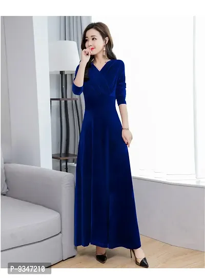 Trendy Blue Velvet Solid Dresses For Women-thumb0