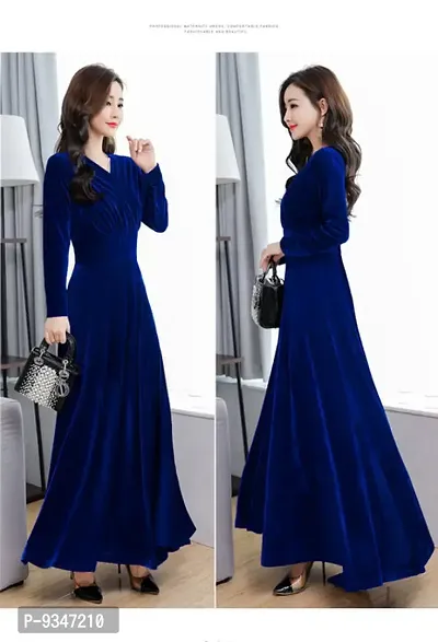 Trendy Blue Velvet Solid Dresses For Women-thumb2
