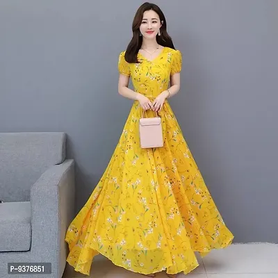 Classy Yellow Georgette Floral Printed Dresses For Women-thumb0