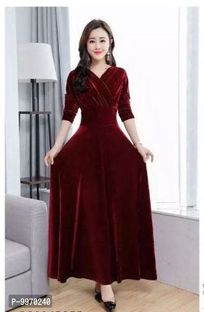 Beautiful Solid Velvet Dress For Women-thumb0
