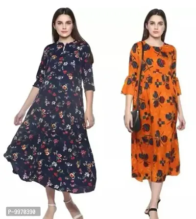 Stylish Crepe Printed Flared Dress Combo For Women Pack Of 2-thumb0
