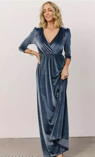 Fancy Velvet Solid V-Neck Long Sleeves Dresses For Women