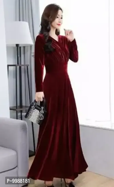 Stylish Fancy Velvet Solid V-Neck Three-Quarter Sleeves Dresses For Women-thumb0