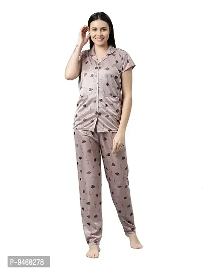 LOODY'S Women's Abstract Heart Print Night Dress | Women Satin Night Suit |Top and Pyjama Set for Girls