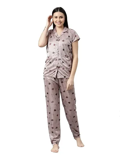 LOODY'S Women's Abstract Heart Print Night Dress | Women Satin Night Suit |Top and Pyjama Set for Girls