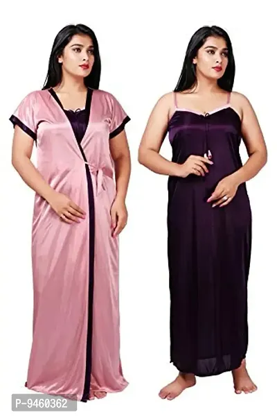 LOODY'S Women's Satin Embroiderd Maxi Nightgown (Purple & Pink_Free Size)