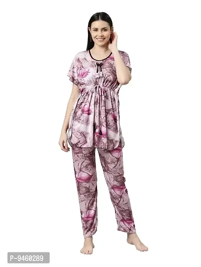LOODY'S Women's Abstract Print Night Dress | Women Satin Night Suit |Top and Pyjama Set for Girls