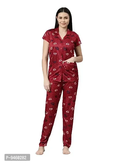 LOODY'S Women's Abstract Heart Print Night Dress | Women Satin Night Suit |Top and Pyjama Set for Girls-thumb0