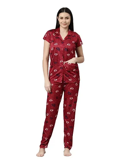 LOODY'S Women's Abstract Heart Print Night Dress | Women Satin Night Suit |Top and Pyjama Set for Girls