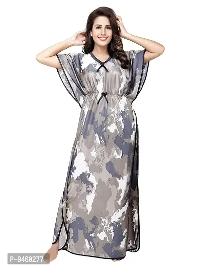 LOODY'S Printed Double Layered Comfortable Satin Maxi Kaftan Night Gown |Nighty |Night Dress for Women , Girls (Free Size) (Free Size, Grey)