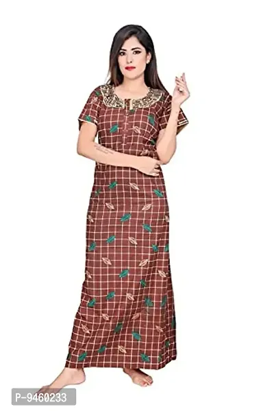 LOODY'S Women's Cotton Printed Maxi Nightgown (LD167_Brown _Free Size)