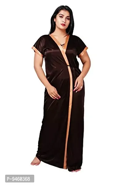 LOODY'S Women's Satin Embroiderd Maxi Nightgown (Brown & Beige_Free Size)-thumb2