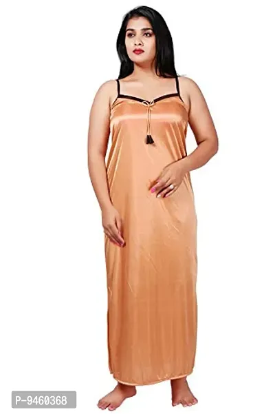 LOODY'S Women's Satin Embroiderd Maxi Nightgown (Brown & Beige_Free Size)-thumb5