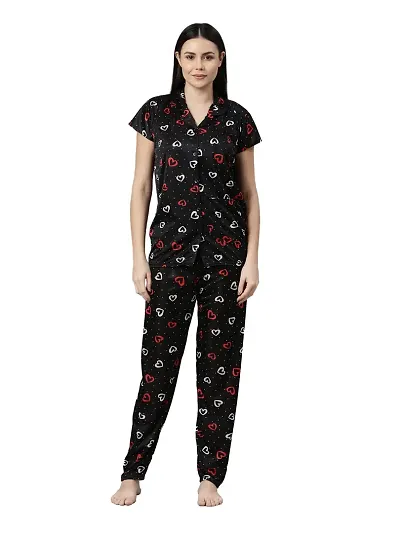 LOODY'S Women's Abstract Heart Print Night Dress | Women Satin Night Suit |Top and Pyjama Set for Girls