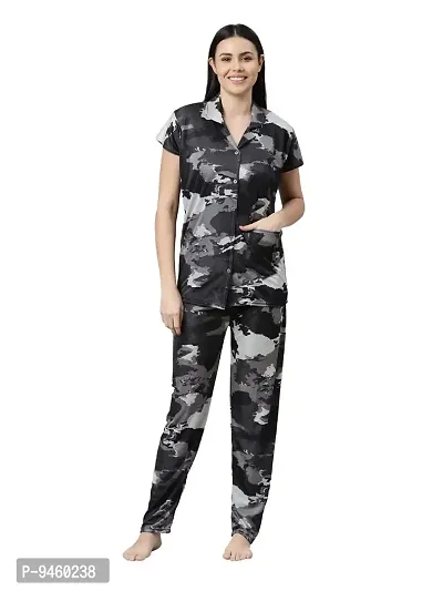 LOODY'S Women's Abstract Printed Night Dress | Women Satin Night Suit |Top and Pyjama Set for Girls