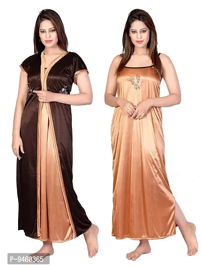 BAILEY SELLS Women's Satin Embroiderd Slip & Robe (BLY0151_Brown & Beige_Free Size)