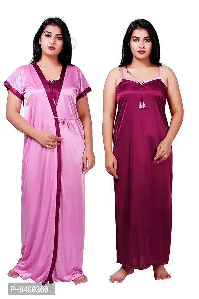 LOODY'S Women's Satin Embroiderd Maxi Nightgown (Pink_Free Size)