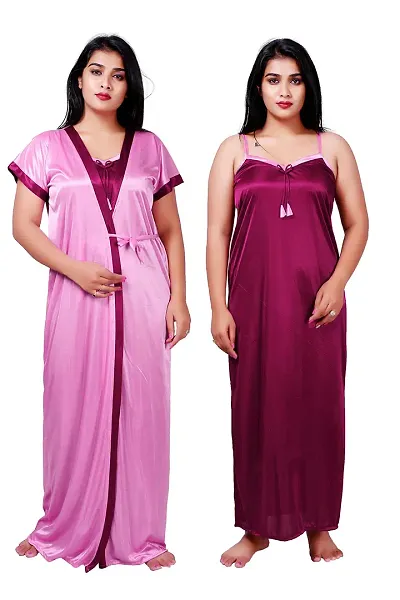 LOODY'S Women's Satin Embroiderd Maxi Nightgown (Pink_Free Size)