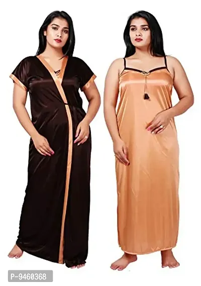 LOODY'S Women's Satin Embroiderd Maxi Nightgown (Brown & Beige_Free Size)-thumb0