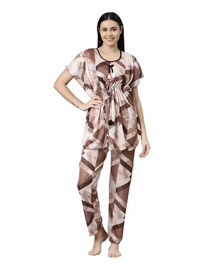 LOODY'S Women's Abstract Print Night Dress | Women Satin Night Suit |Top and Pyjama Set for Girls