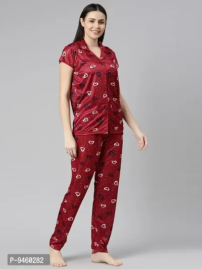 LOODY'S Women's Abstract Heart Print Night Dress | Women Satin Night Suit |Top and Pyjama Set for Girls-thumb4