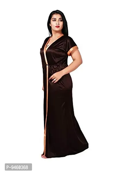 LOODY'S Women's Satin Embroiderd Maxi Nightgown (Brown & Beige_Free Size)-thumb3